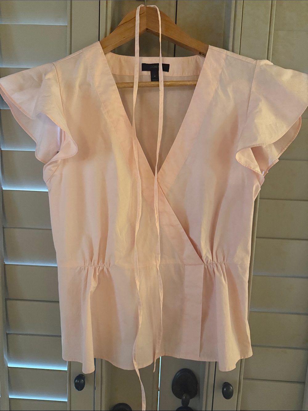 J. Crew Pale Pink Wrap-Front Blouse with Flutter Sleeves